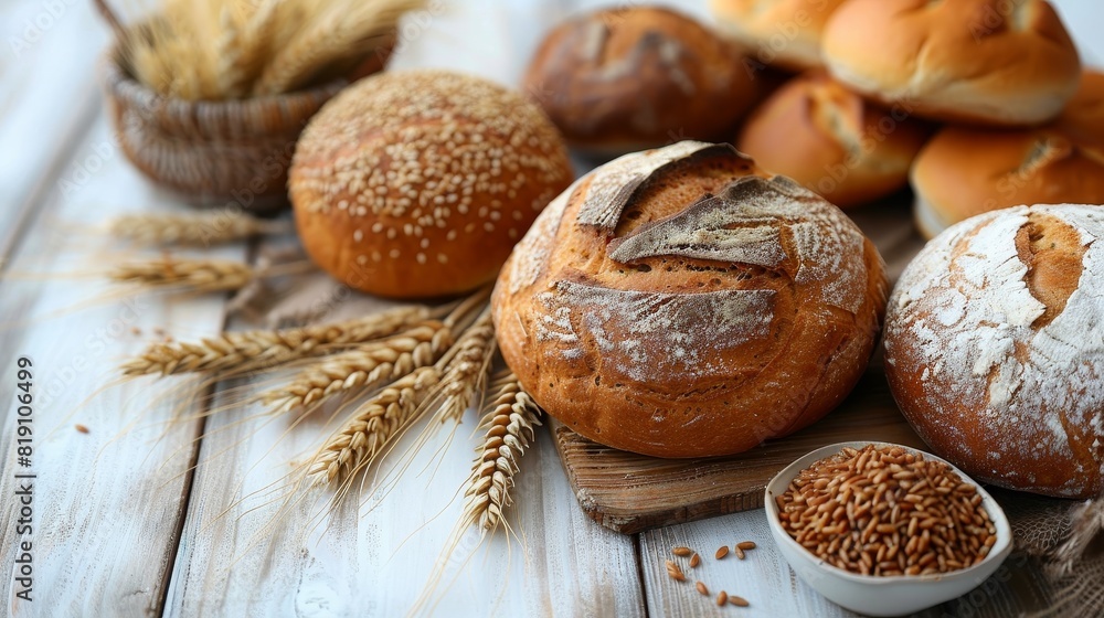 Three loaves of bread with sesame seeds on top sit on a wooden cutting board Three loaves of bread with sesame seeds on top sit on a wooden cutting board