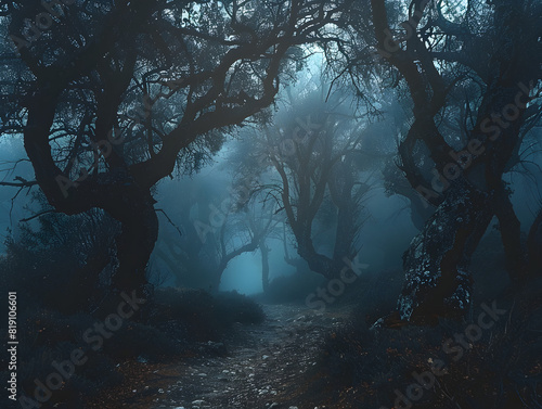 Eerie Mist-Shrouded Forest Path with Twisted Gnarled Trees and Intertwining Branches Creating Dark Mysterious Canopy - Haunting Foggy Atmosphere with Rocks and Foliage Along Narrow Winding Trail