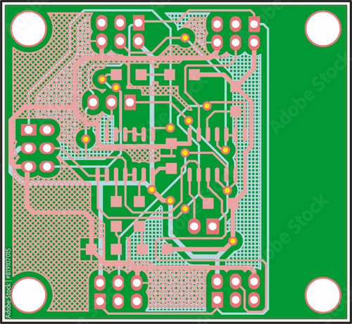 Electric background. Vector pcb pattern. 
Printed circuit board of an electronic 
device with conductors and contact pads placed on it. 
Engineering drawing.