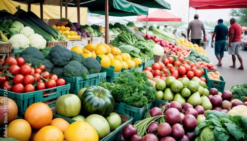 A vibrant display of fresh vegetables and fruits at a bustling local farmers market.. AI Generation