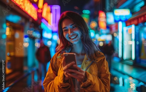  Beautiful Young Woman Using Smartphone Standing on Night City Street Full of Neon Lights. very beautiful woman