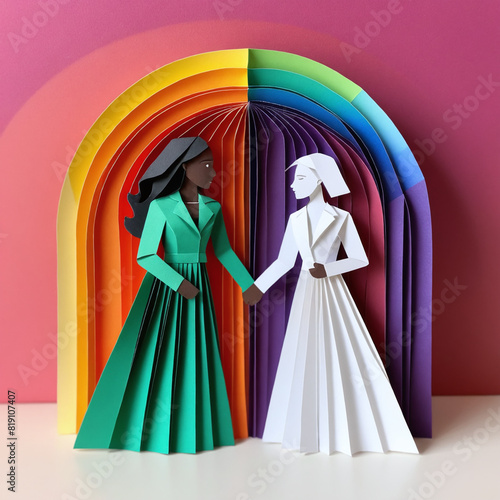 Pride Month Joy  Interracial Lesbian Couple in Origami Embracing Love and Equality