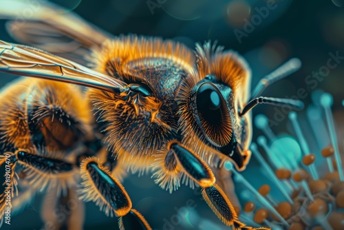 Close up of a quantum computing bee, its brain augmented with powerful algorithms, optimizing hive efficiency in a neonlit apiary, sharpen with copy space