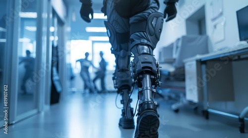 Close up of a rehabilitation facility where exoskeleton suits help patients learn to walk again, visualized against a blurred therapy room, sharpen with copy space