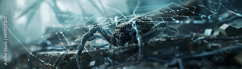 Close up of a robotic spider weaving a durable silk web across an urban ruin, its eight legs deftly maneuvering through debris with precise agility, sharpen with copy space photo