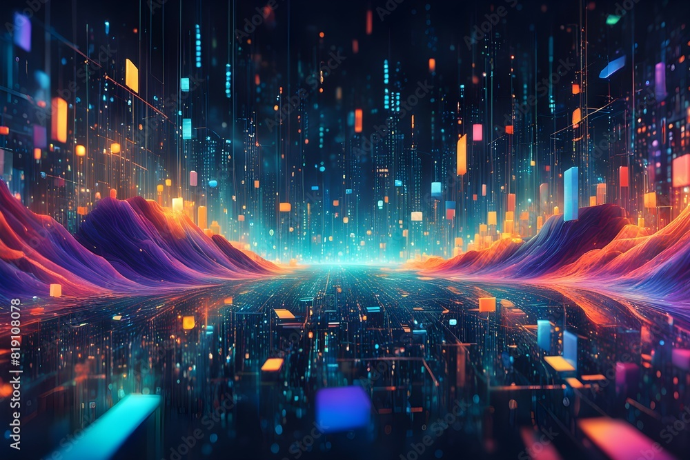 Futuristic data technology background. with neon lights and glowing orbs Futuristic data technology background. with neon lights and glowing orbs