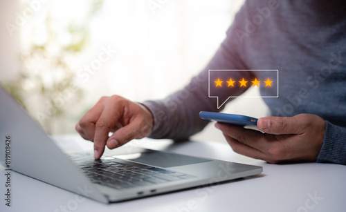 User give rating to service experience on online application, Customer can evaluate quality of service leading to reputation ranking of business. Customer review satisfaction feedback survey concept.