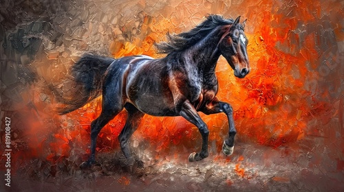 Thoroughbred stallion or racehorse in motion. Beautiful and statuesque horse. Picture. Illustration for cover, card, postcard, interior design, poster, brochure or presentation. © Login