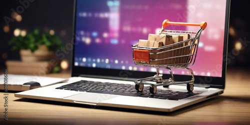 Online shopping. Feature a miniature shopping cart filled with small cardboard boxes placed on the keyboard of an open laptop. photo