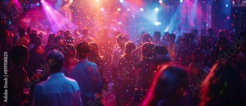 Nightclub scene, people dancing, vibrant lighting, entertainment focus, ample copy space, festive mood 8K , high-resolution, ultra HD,up32K HD photo