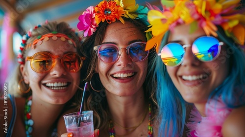 Friends in festival costumes, bright colors, enjoying music, glasses in hand, party atmosphere, ample copy space 8K , high-resolution, ultra HD,up32K HD photo