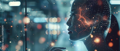 Close up of an AI assistant brainstorming, its neural network glowing as it generates innovative business models in a hightech incubator space, sharpen with copy space photo