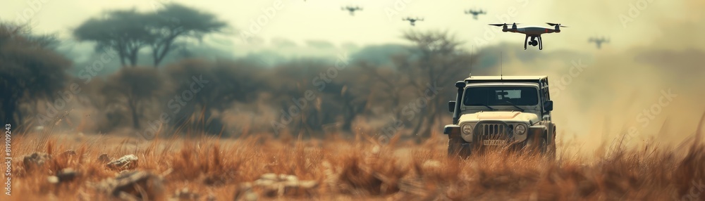 Fototapeta premium Close up of an antipoaching operation using stealth drones that relay realtime locations of poachers to authorities
