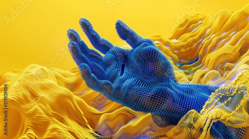 Surrealistic Data Hand with Reefwave Vibes in Yellow and Indigo with Tumblewave Layered Mesh in Virtual Reality
 photo