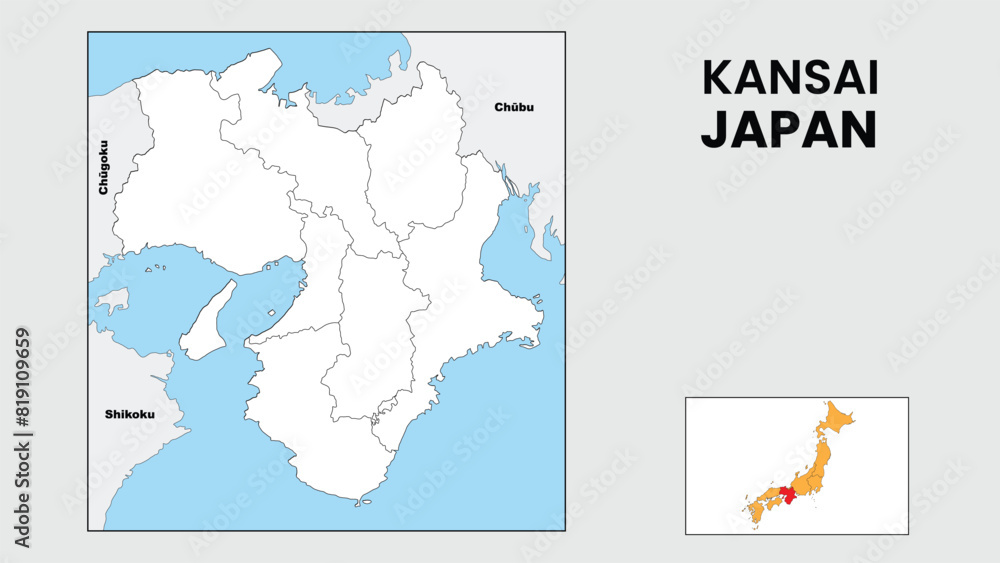 Fototapeta premium Kansai Map. State and district map of Kansai. Political map of Kansai with outline and black and white design.