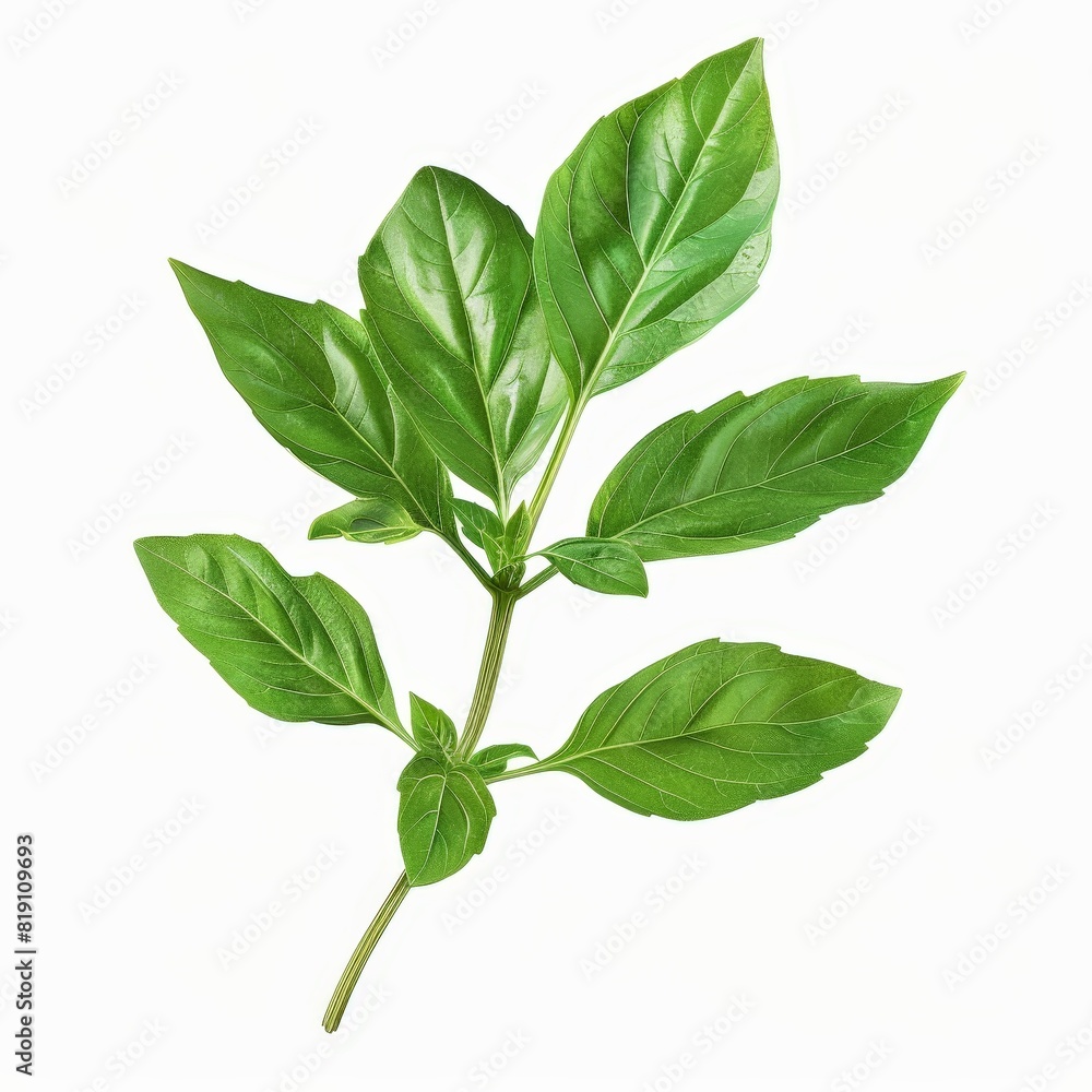 Obraz premium A photo of Basil leaf on the branch , super realistic , single object on center , Di-Cut PNG style , isolated on white background