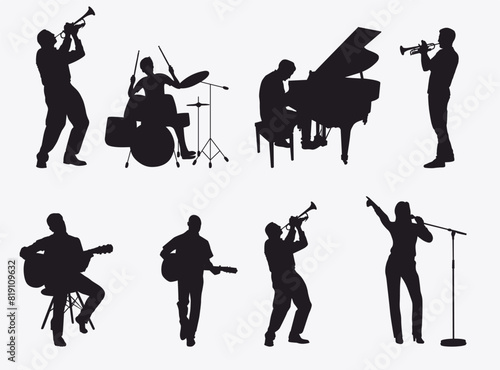 Set of musician silhouette. Musical instrument, musical artist. 