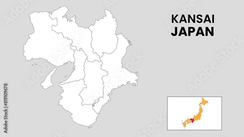 Kansai Map. Outline state map of Kansai. Political map of Kansai with a black and white design.