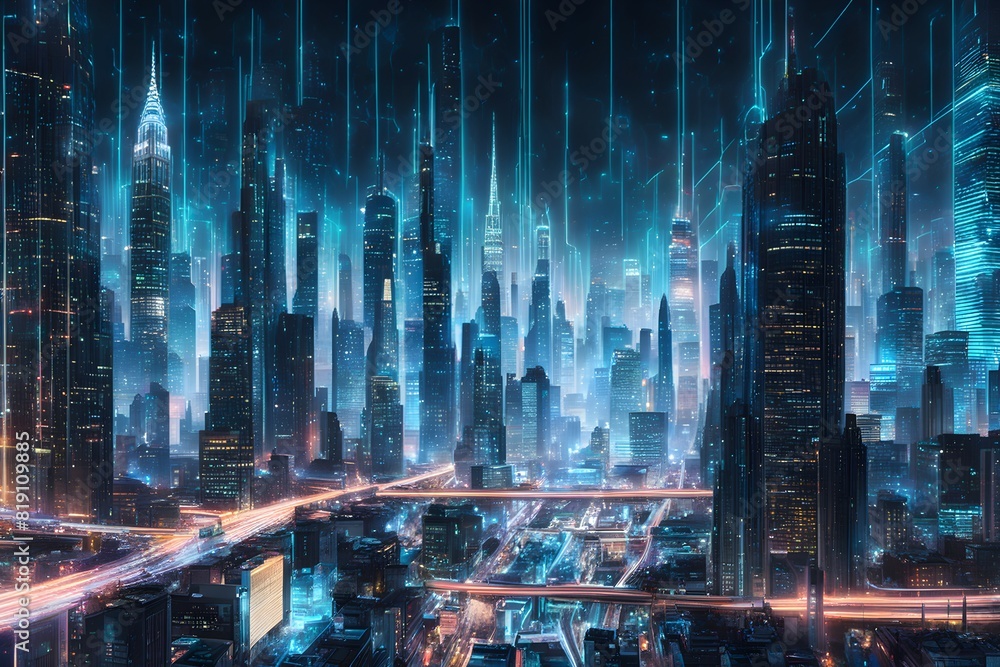 Fototapeta premium Futuristic data technology background. with neon lights and glowing orbs