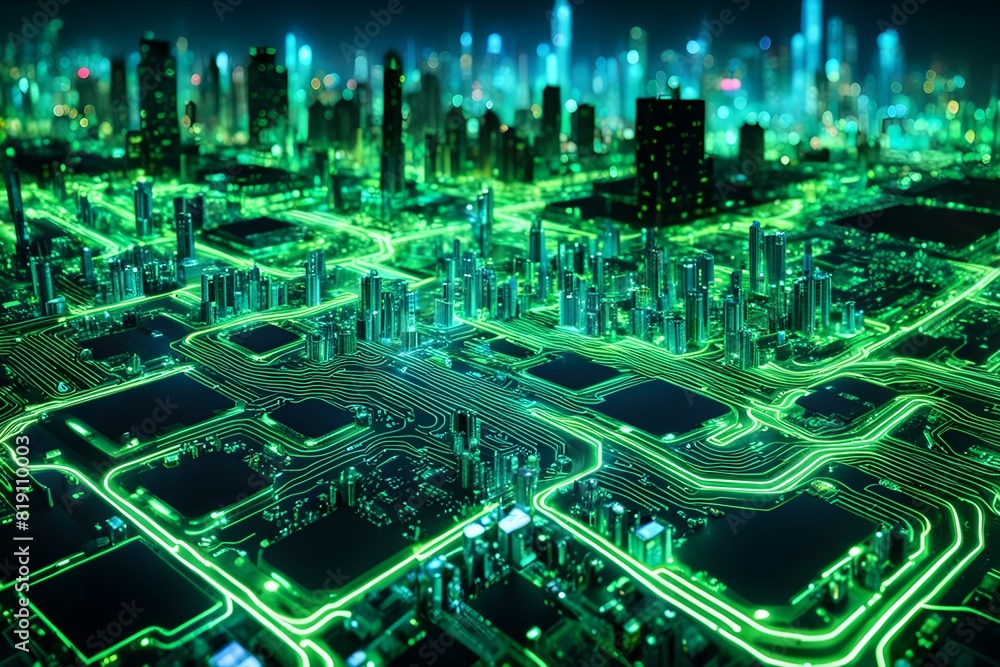 Fototapeta premium Futuristic data technology background. with neon lights and glowing orbs