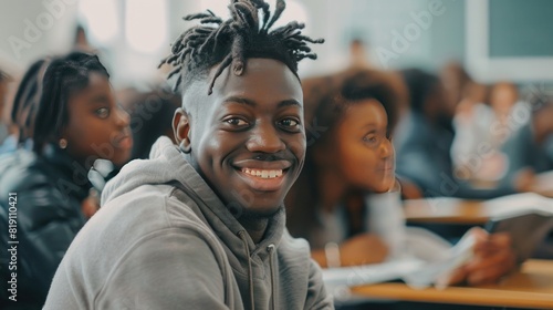 Happy black university student attending lecture in classroom and looking at camera.