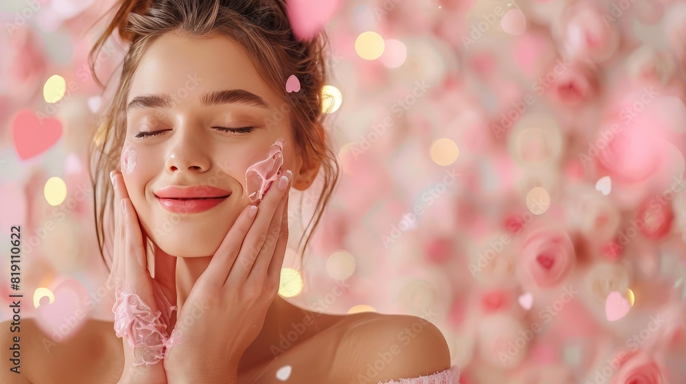 Model applying moisturizer in a romantic Valentines Day setting Model applying moisturizer in a romantic Valentines Day setting