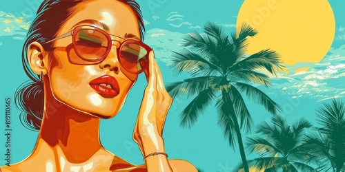 Model applying sunscreen with a sunny beach and palm trees background