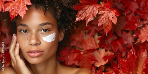 Model with flawless skin applying skincare in an autumn leaves setting for Fall