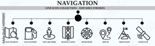 Navigation line icon collection. Containing icons of map search, gas station, traffic light, wind rose, route and more. Linear icon collection. Editable stroke. Vector illustration