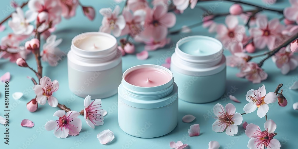 Unlabeled skincare containers arranged with spring flowers and pastel colors Unlabeled skincare containers arranged with spring flowers and pastel colors