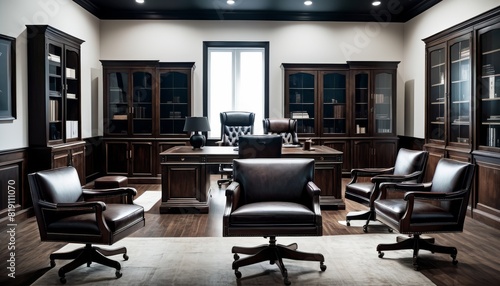 A sophisticated executive office boasting a dark wood desk and bookshelves  leather chairs  and a central window  exuding luxury and professionalism.. AI Generation
