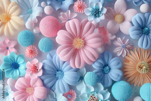 3D render of knitted pastel colored flowers and balls on the background, in a pastel color style.