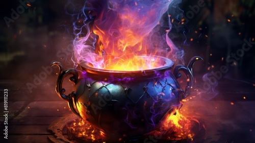 A mystical cauldron with vibrant flames and magical aura, emitting a captivating and mysterious atmosphere in a dark setting.