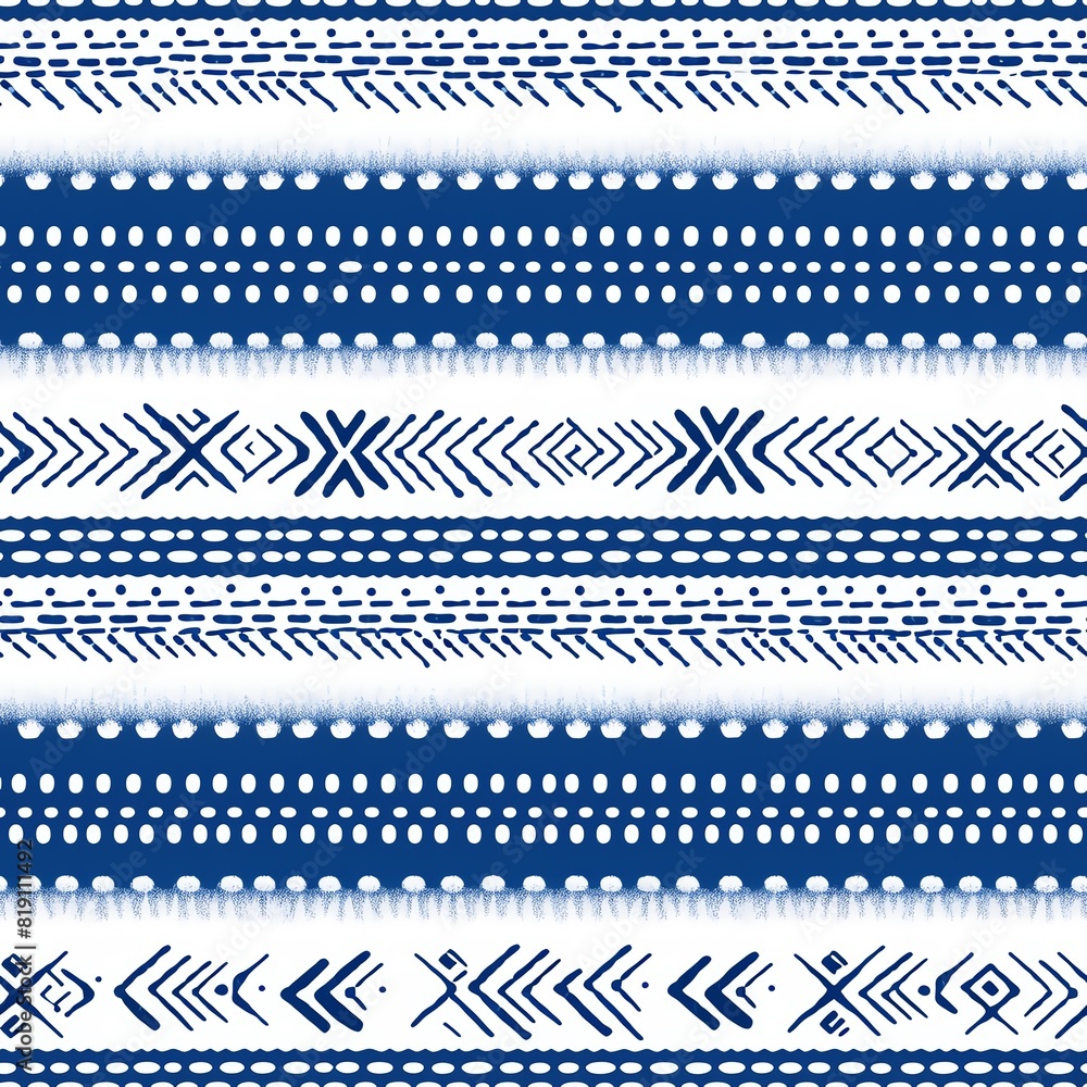 Create a seamless pattern with a tribal ikat ethnic motif. The pattern should be in shades of indigo blue and white. Create a seamless pattern with a tribal ikat ethnic motif. The pattern should be in shades of indigo blue and white.