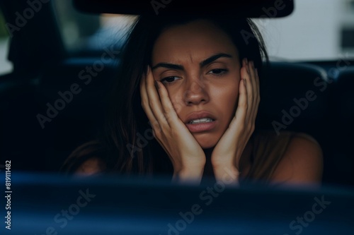 woman with head in hands getting bored while sitting in car