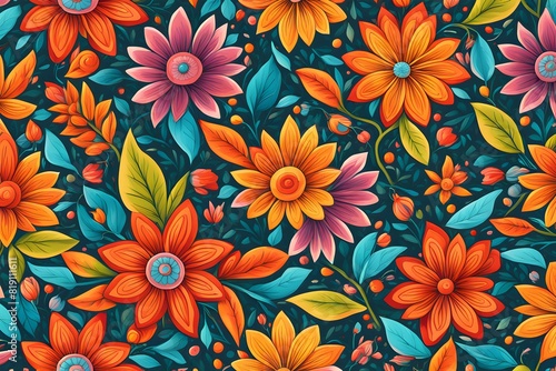 A colorful floral pattern with a blue background