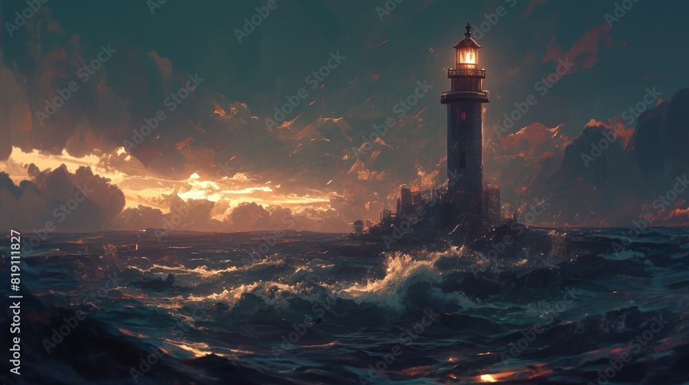 lighthouse at sea during a storm