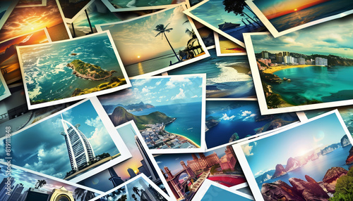Collection of travel photographs featuring various scenic destinations including beaches, cities, and landscapes. 