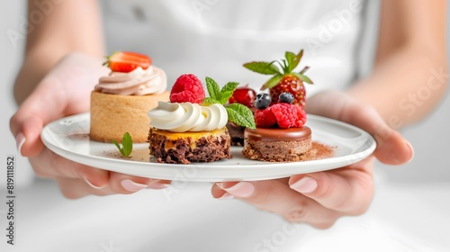 Hand Holding Complimentary Dessert Dishes for Advertising on White Background  Front View