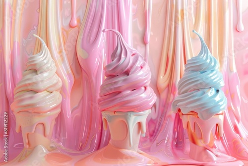 3d render of melting ice cream with colorful swirls and dripping liquid, isolated on pastel background photo