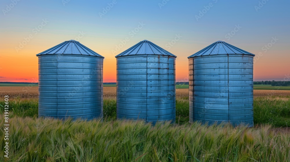 Large grain storage silos for drying wheat and corn against scenic green field background Large grain storage silos for drying wheat and corn against scenic green field background