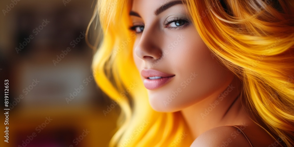 Beautiful laughing model girl with long curly hair. Studio shot. Beauty saloon. Selective focus. Generative AI. Beautiful laughing model girl with long curly hair. Studio shot. Beauty saloon. Selective focus. Generative AI.