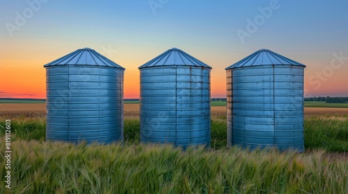 Large grain storage silos for drying wheat and corn against scenic green field background © Oleg