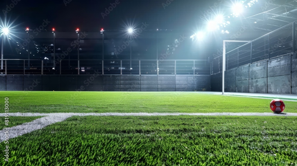 A soccer field with a red ball on the grass A soccer field with a red ball on the grass