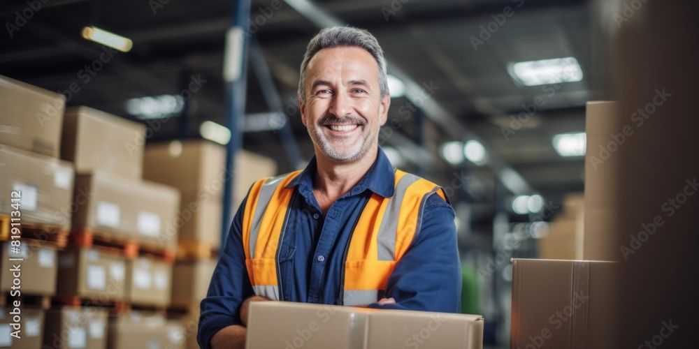 A middle-aged man working in a warehouse sending parcels with boxes. Generative AI. A middle-aged man working in a warehouse sending parcels with boxes. Generative AI.