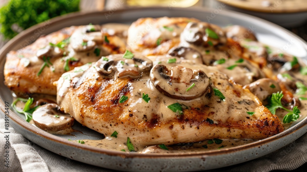 Healthy Chicken with Mushroom Sauce. A plate of grilled chicken topped with a creamy mushroom sauce Healthy Chicken with Mushroom Sauce. A plate of grilled chicken topped with a creamy mushroom sauce