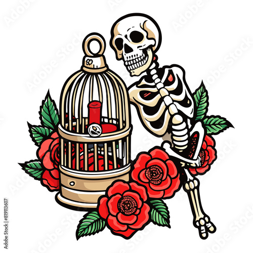 T-shirt sticker featuring skeletal hands holding an open birdcage with a key, surrounded by vivid red roses and green leaves, set against a black background for a gothic and romantic look