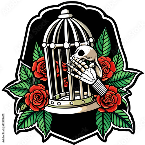 T-shirt sticker featuring skeletal hands holding an open birdcage with a key, surrounded by vivid red roses and green leaves, set against a black background for a gothic and romantic look