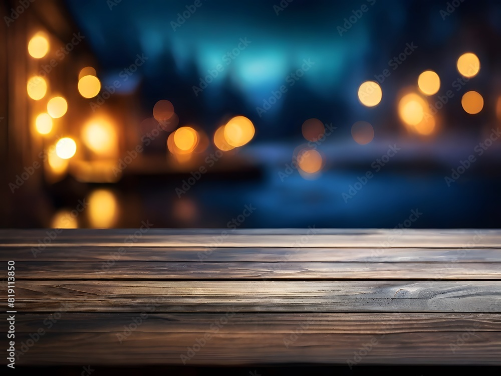 The surface of a wooden table on a blurry dark night view background. The surface of a wooden table on a blurry dark night view background.