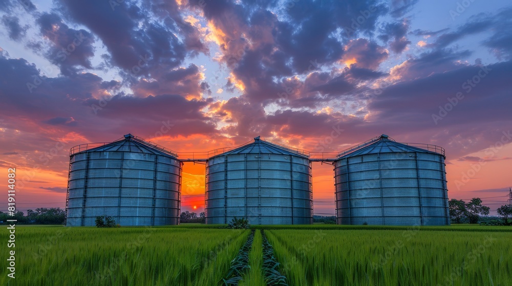 Large granaries for storing and drying grain, wheat, and corn on green field background Large granaries for storing and drying grain, wheat, and corn on green field background